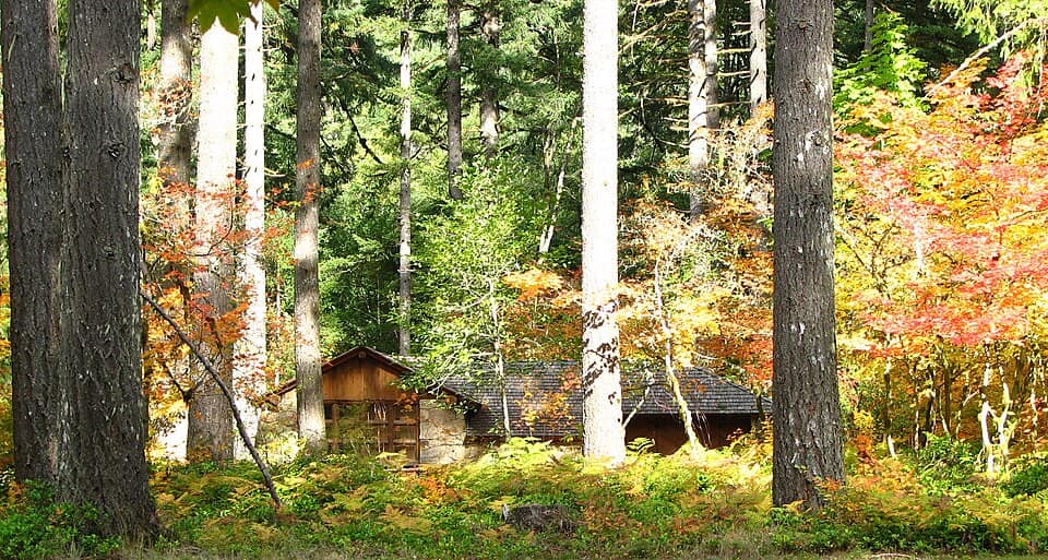 Silver Falls Stone Shelter distant - Oregon